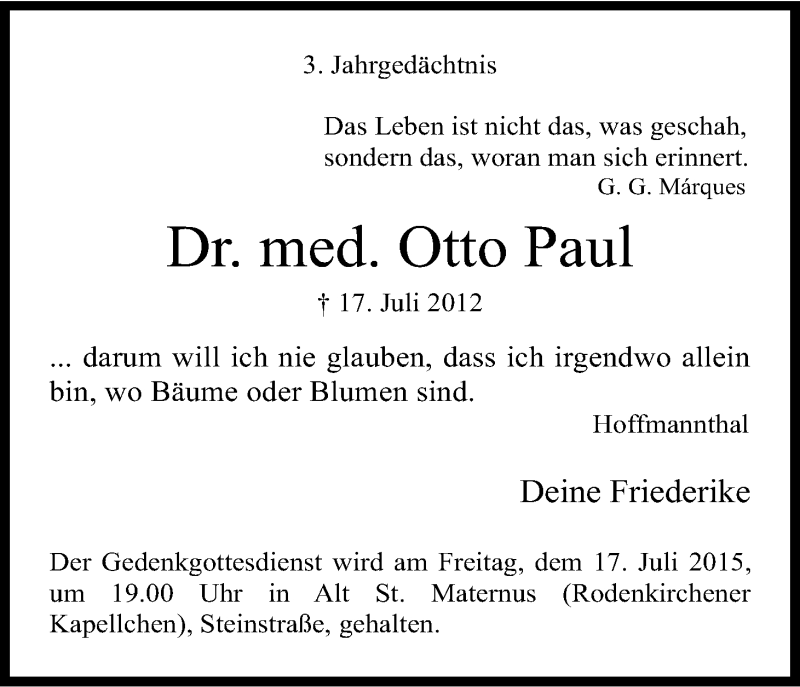  Traueranzeige für Otto Paul vom 15.07.2015 aus Kölner Stadt-Anzeiger / Kölnische Rundschau / Express