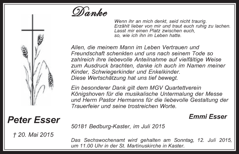  Traueranzeige für Peter Esser vom 01.07.2015 aus  Werbepost 