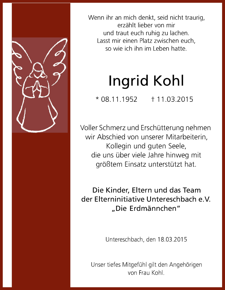  Traueranzeige für Ingrid Kohl vom 21.03.2015 aus Kölner Stadt-Anzeiger / Kölnische Rundschau / Express