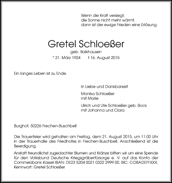 Anzeige von Gretel Schloeßer von Kölner Stadt-Anzeiger / Kölnische Rundschau / Express