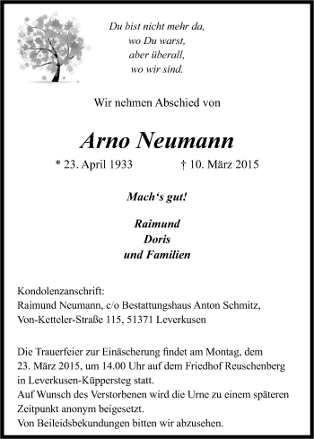 Anzeige von Arno Neumann von Kölner Stadt-Anzeiger / Kölnische Rundschau / Express