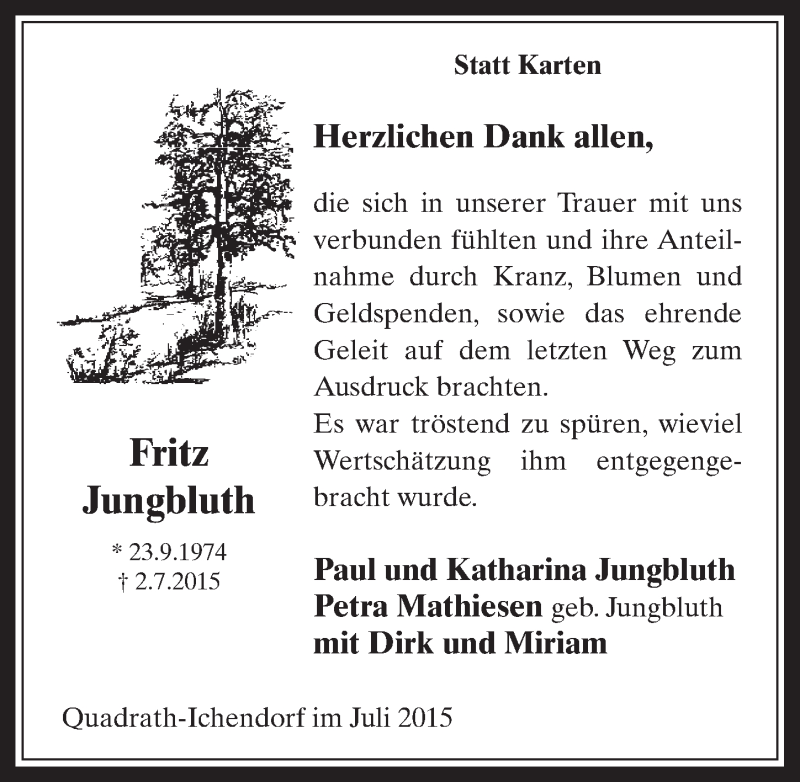  Traueranzeige für Fritz Jungbluth vom 29.07.2015 aus  Werbepost 