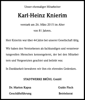 Anzeige von Karl-Heinz Knierim von Kölner Stadt-Anzeiger / Kölnische Rundschau / Express
