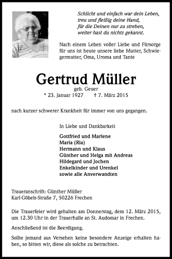 Anzeige von Gertrud Müller von Kölner Stadt-Anzeiger / Kölnische Rundschau / Express
