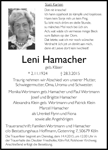 Anzeige von Leni Hamacher von Kölner Stadt-Anzeiger / Kölnische Rundschau / Express