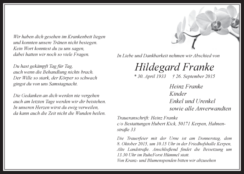 Traueranzeige für Hildegard Franke vom 07.10.2015 aus  Werbepost 