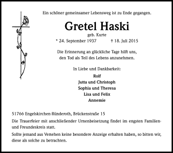 Anzeige von Gretel Haski von Kölner Stadt-Anzeiger / Kölnische Rundschau / Express