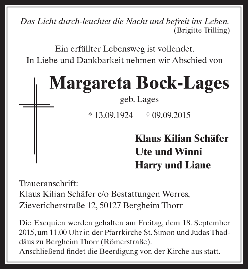 Traueranzeige für Margareta Bock-Lages vom 16.09.2015 aus  Werbepost 