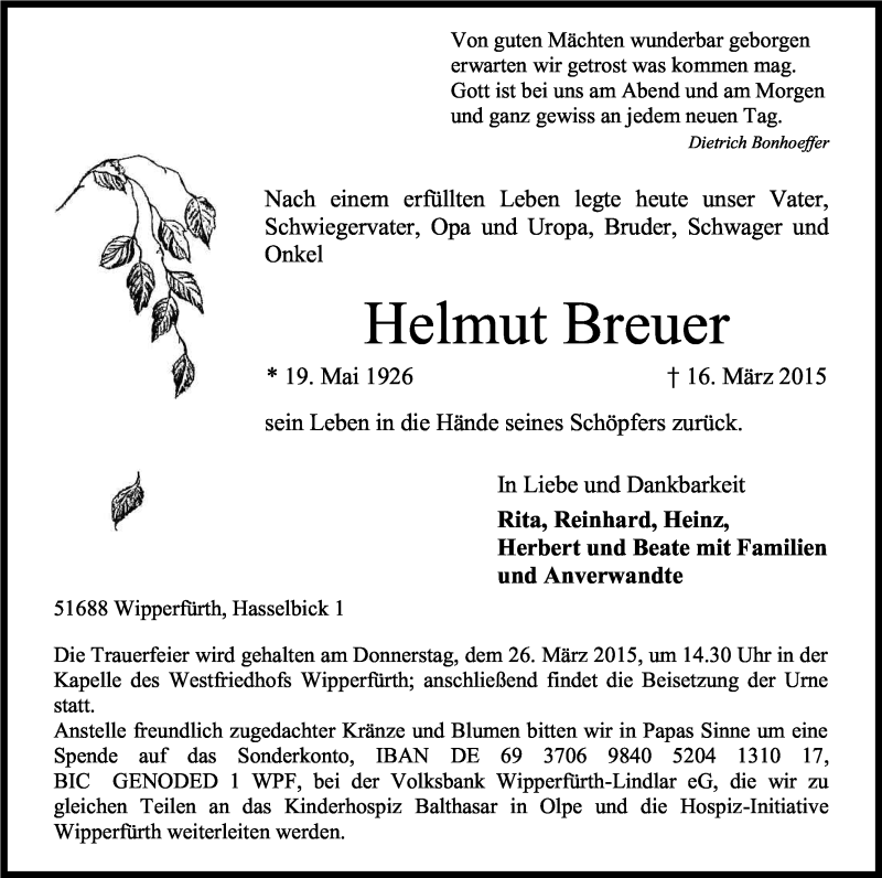  Traueranzeige für Helmut Breuer vom 19.03.2015 aus Kölner Stadt-Anzeiger / Kölnische Rundschau / Express