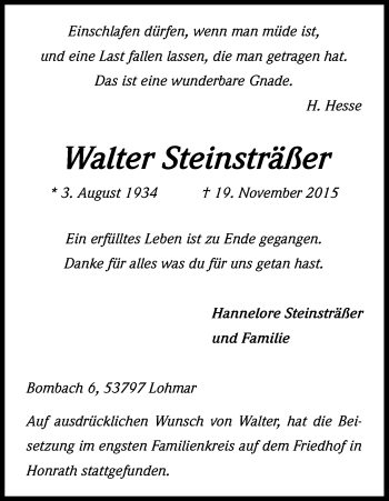 Anzeige von Walter Steinsträßer von Kölner Stadt-Anzeiger / Kölnische Rundschau / Express