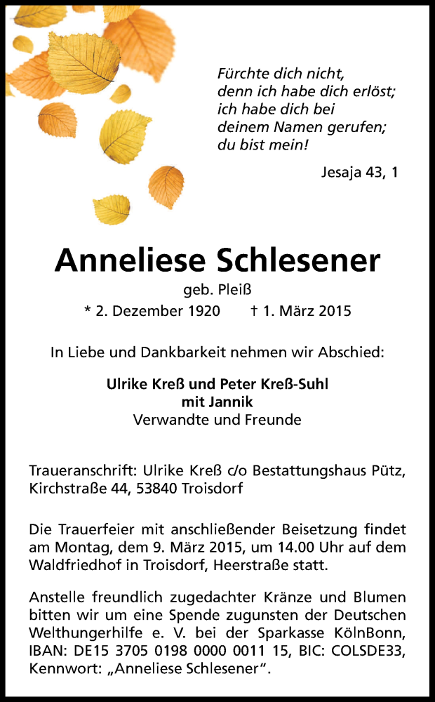  Traueranzeige für Anneliese Schlesener vom 04.03.2015 aus Kölner Stadt-Anzeiger / Kölnische Rundschau / Express