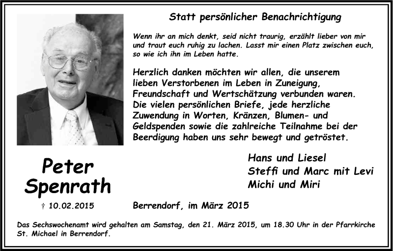  Traueranzeige für Peter Spenrath vom 14.03.2015 aus Kölner Stadt-Anzeiger / Kölnische Rundschau / Express