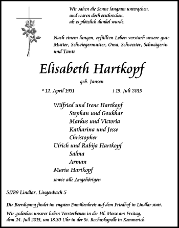 Anzeige von Elisabeth Hartkopf von Kölner Stadt-Anzeiger / Kölnische Rundschau / Express