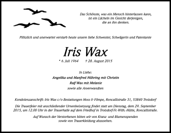 Anzeige von Iris Wax von Kölner Stadt-Anzeiger / Kölnische Rundschau / Express