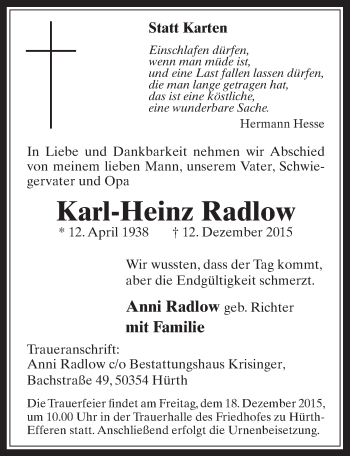 Anzeige von Karl-Heinz Radlow von  Wochenende 