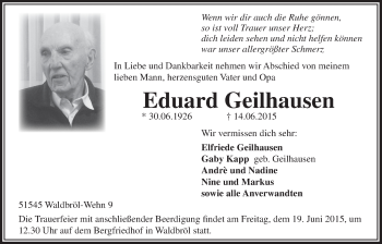 Anzeige von Eduard Geilhausen von  Lokalanzeiger 