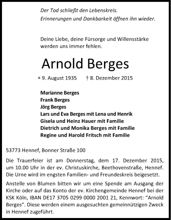 Anzeige von Arnold Berges von Kölner Stadt-Anzeiger / Kölnische Rundschau / Express