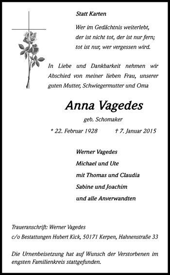 Anzeige von Anna Vagedes von Kölner Stadt-Anzeiger / Kölnische Rundschau / Express