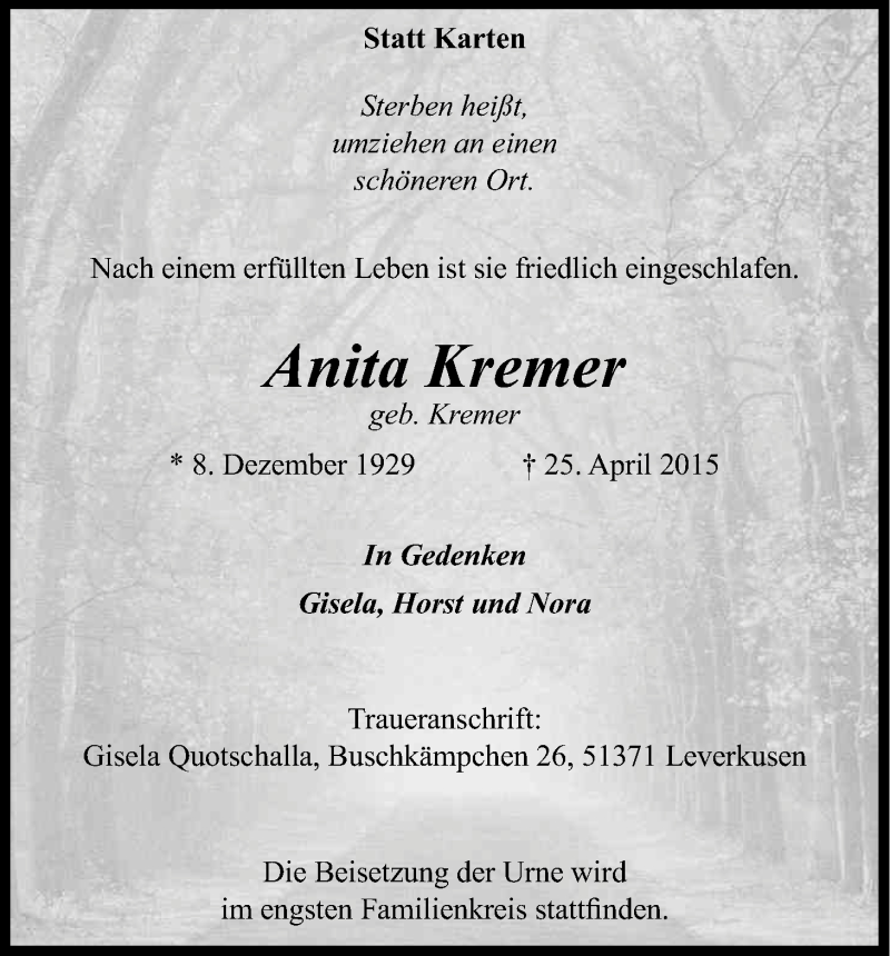  Traueranzeige für Anita Kremer vom 29.04.2015 aus Kölner Stadt-Anzeiger / Kölnische Rundschau / Express