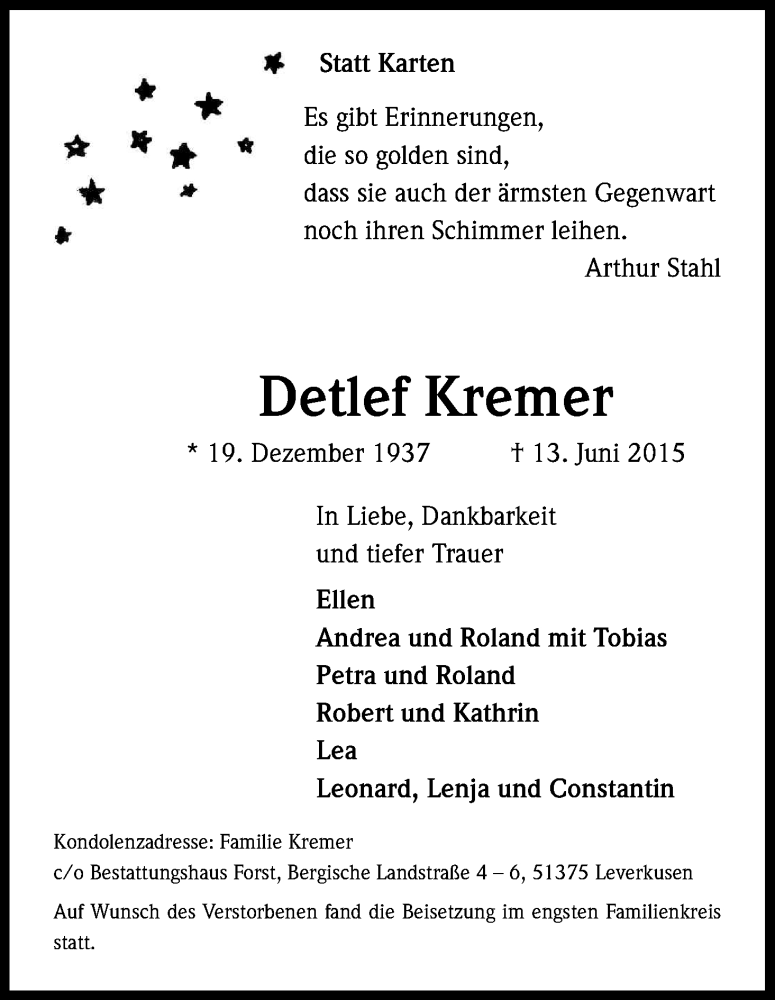  Traueranzeige für Detlef Kremer vom 20.06.2015 aus Kölner Stadt-Anzeiger / Kölnische Rundschau / Express