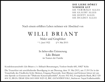 Anzeige von Willi Briant von Kölner Stadt-Anzeiger / Kölnische Rundschau / Express