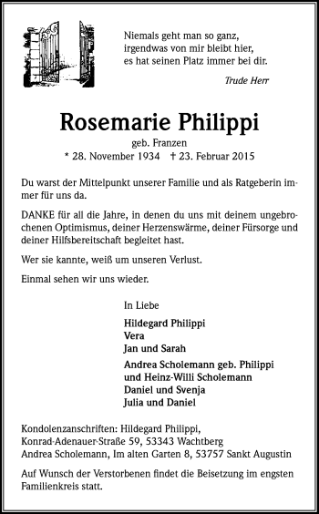 Anzeige von Rosemarie Philippi von Kölner Stadt-Anzeiger / Kölnische Rundschau / Express