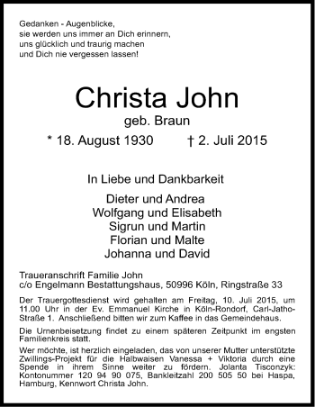 Anzeige von Christa John von Kölner Stadt-Anzeiger / Kölnische Rundschau / Express