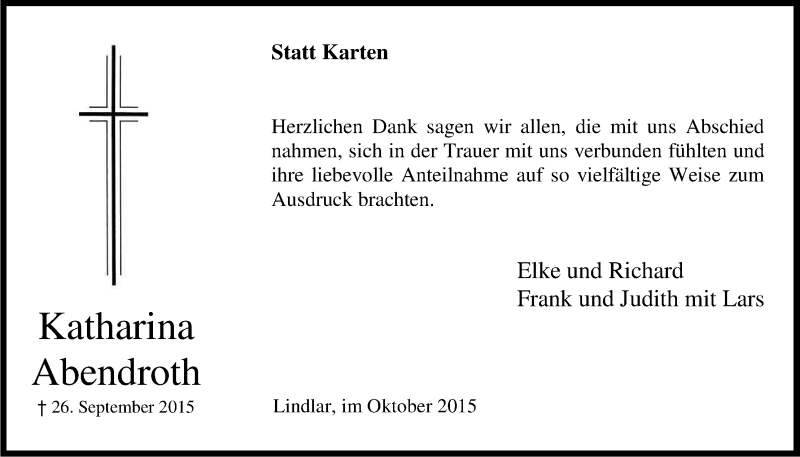  Traueranzeige für Katharina Abendroth vom 28.10.2015 aus Kölner Stadt-Anzeiger / Kölnische Rundschau / Express