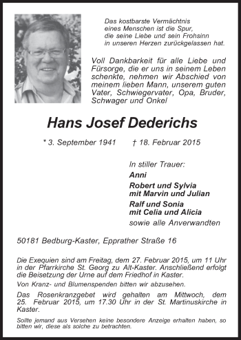 Anzeige von Hans Josef Dederichs von  Werbepost 