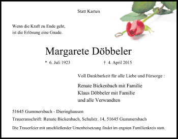 Anzeige von Margarete Döbbeler von Kölner Stadt-Anzeiger / Kölnische Rundschau / Express