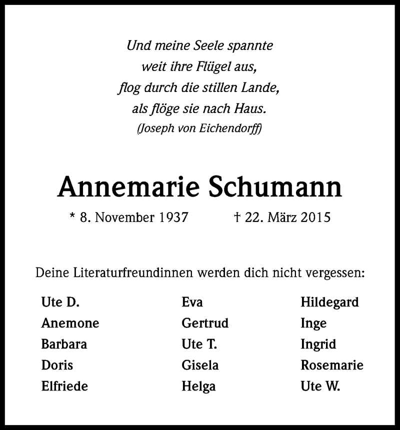  Traueranzeige für Annemarie Schumann vom 28.03.2015 aus Kölner Stadt-Anzeiger / Kölnische Rundschau / Express