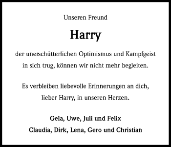 Anzeige von Harry  von Kölner Stadt-Anzeiger / Kölnische Rundschau / Express
