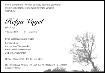 Anzeige von Helga Vogel von Kölner Stadt-Anzeiger / Kölnische Rundschau / Express