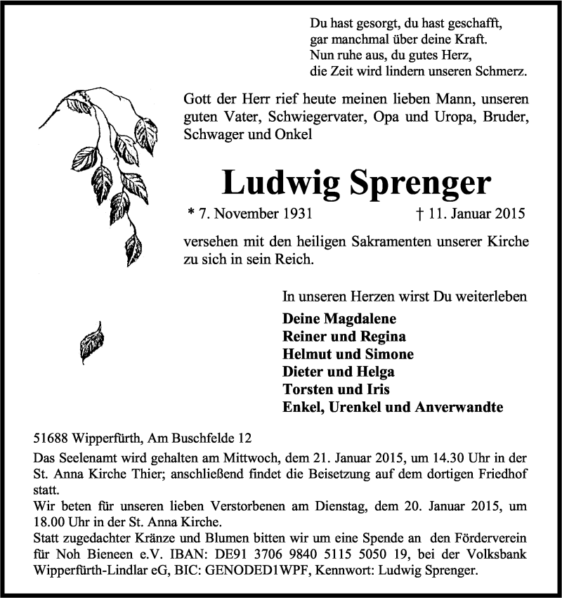  Traueranzeige für Ludwig Sprenger vom 14.01.2015 aus Kölner Stadt-Anzeiger / Kölnische Rundschau / Express