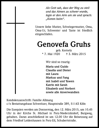 Anzeige von Genovefa Gruhs von Kölner Stadt-Anzeiger / Kölnische Rundschau / Express
