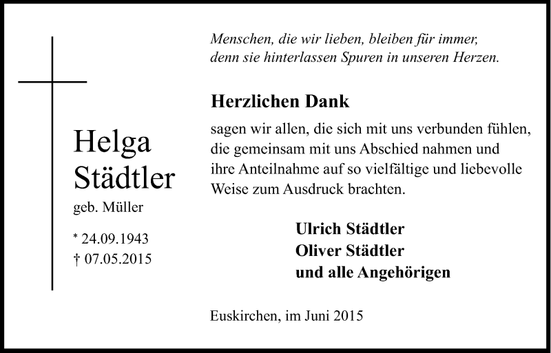  Traueranzeige für Helga Städtler vom 06.06.2015 aus Kölner Stadt-Anzeiger / Kölnische Rundschau / Express