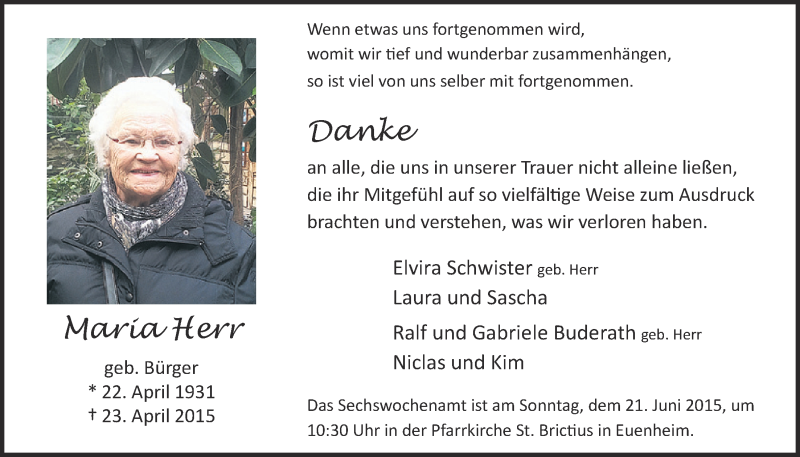  Traueranzeige für Maria Herr vom 14.06.2015 aus  Blickpunkt Euskirchen 