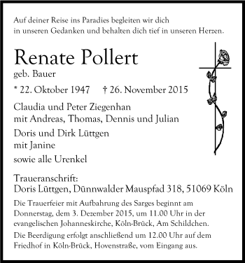 Anzeige von Renate Pollert von Kölner Stadt-Anzeiger / Kölnische Rundschau / Express