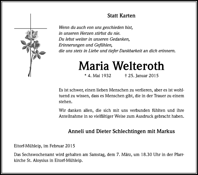  Traueranzeige für Maria Welteroth vom 21.02.2015 aus Kölner Stadt-Anzeiger / Kölnische Rundschau / Express