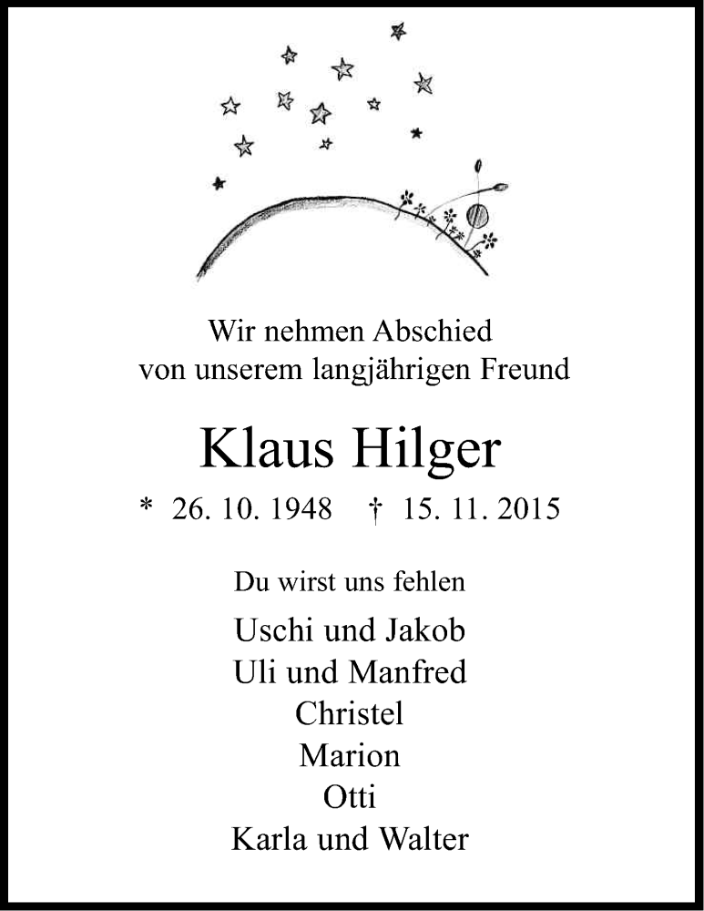  Traueranzeige für Klaus Hilger vom 25.11.2015 aus Kölner Stadt-Anzeiger / Kölnische Rundschau / Express