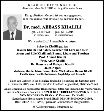 Anzeige von Abbass Khalili von Kölner Stadt-Anzeiger / Kölnische Rundschau / Express
