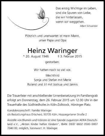 Anzeige von Heinz Waringer von Kölner Stadt-Anzeiger / Kölnische Rundschau / Express