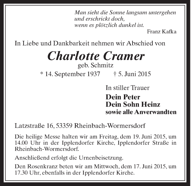  Traueranzeige für Charlotte Cramer vom 17.06.2015 aus  Schaufenster/Blickpunkt 
