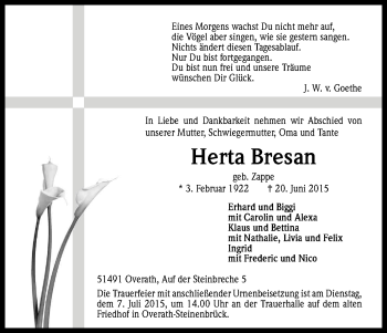 Anzeige von Herta Bresan von Kölner Stadt-Anzeiger / Kölnische Rundschau / Express