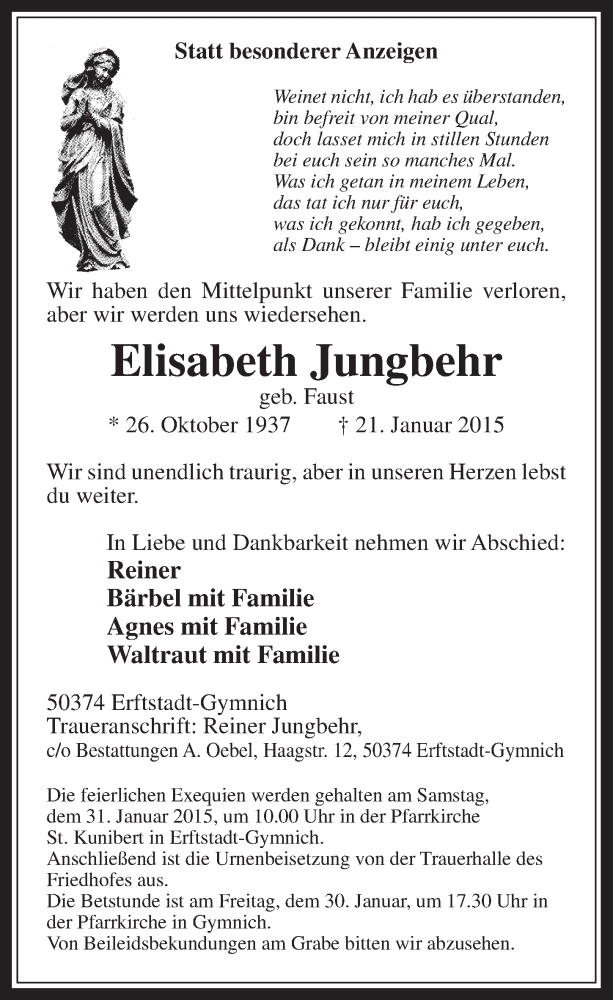  Traueranzeige für Elisabeth Jungbehr vom 28.01.2015 aus  Werbepost 