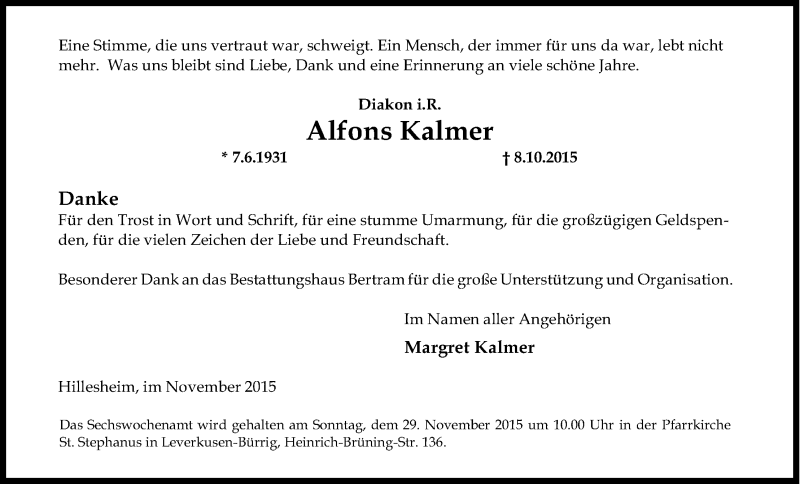  Traueranzeige für Alfons Kalmer vom 14.11.2015 aus Köln - Wir Trauern