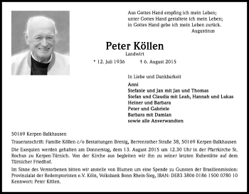 Anzeige von Peter Köllen von Kölner Stadt-Anzeiger / Kölnische Rundschau / Express