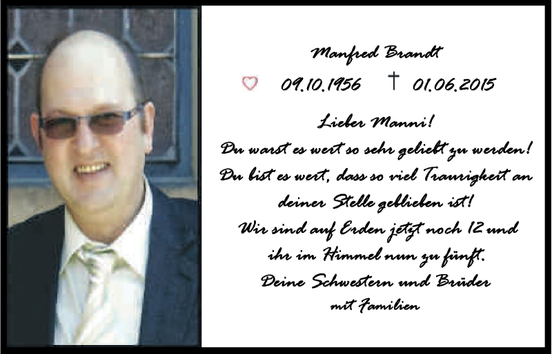  Traueranzeige für Manfred Brandt vom 20.06.2015 aus Kölner Stadt-Anzeiger / Kölnische Rundschau / Express