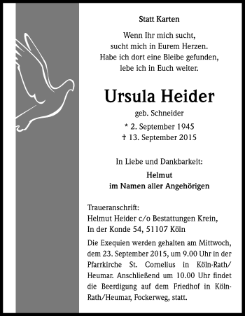 Anzeige von Ursula Heider von Kölner Stadt-Anzeiger / Kölnische Rundschau / Express