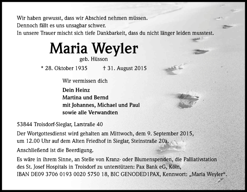  Traueranzeige für Maria Weyler vom 05.09.2015 aus Kölner Stadt-Anzeiger / Kölnische Rundschau / Express